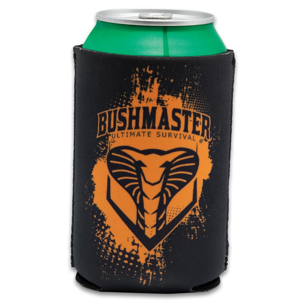 A can is shown inside a black koozie with an orange paint splatter effect on the Bushmaster logo, which features a snake head image. image number 1