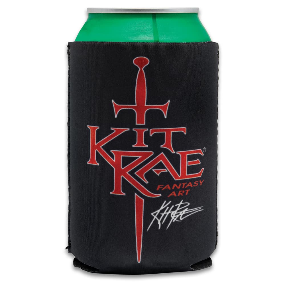 A can is shown inside a black koozie printed with red Kit Rae logo with sword image and Kit Rae’s signature in white. image number 1