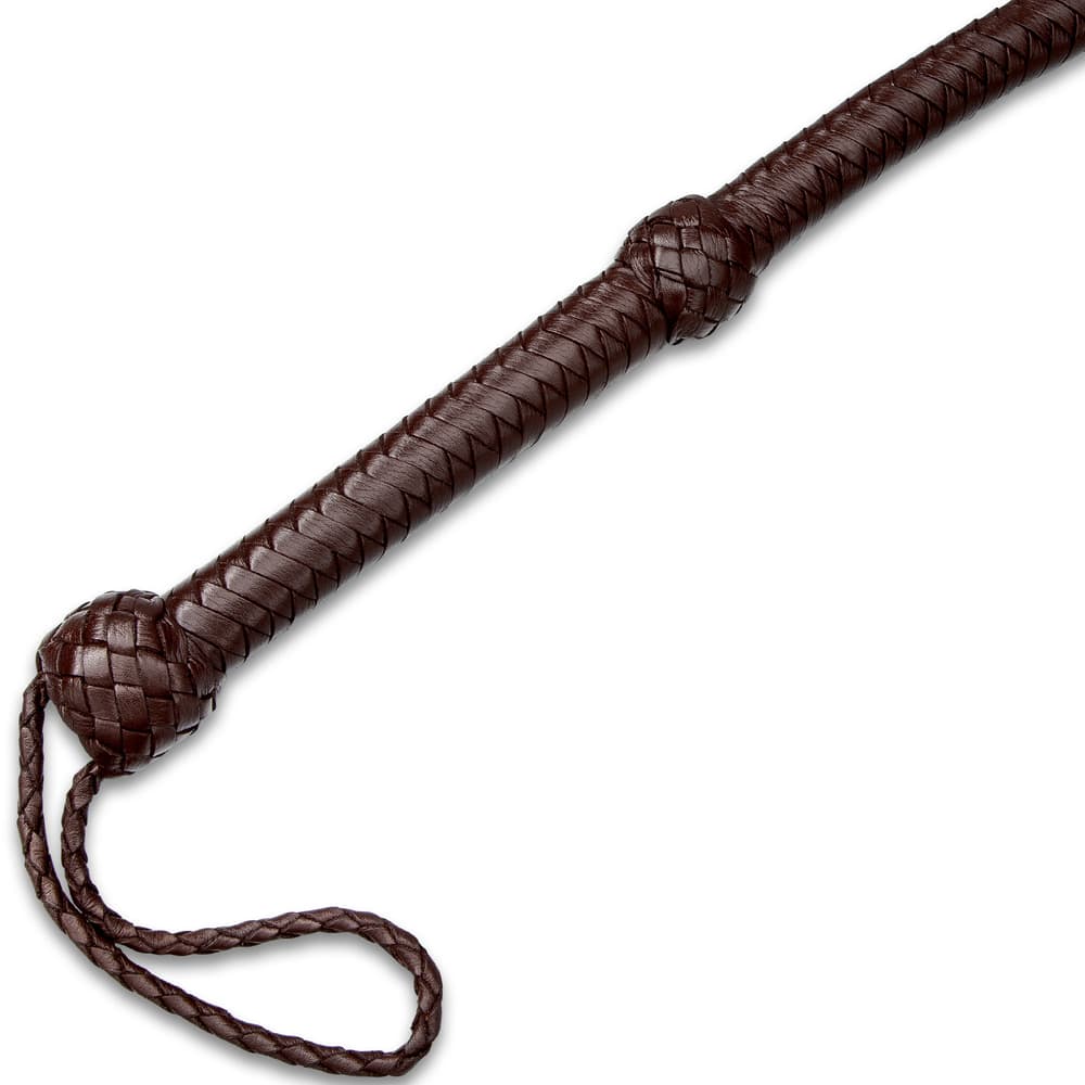 8' Handcrafted Dark Brown Leather Bull Whip - Woven Premium Leather Construction, Wrist Strap, Age-Old Leather Crafting Method image number 1