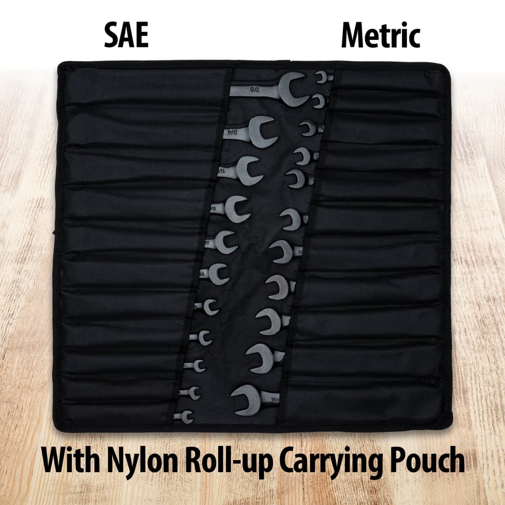 The wrench set shown in its roll-up carry pouch image number 1