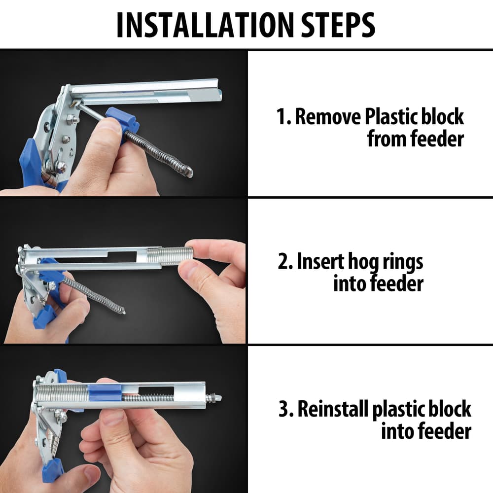 This auto loading hog ring plier makes tasks like fence mending and feed bag sealing a breeze. This image shows how to correctly load an auto loading hog ring plier. image number 1