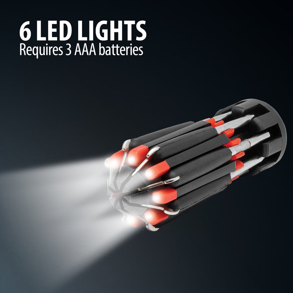 Text reads “6 LED Lights Requires 3 AAA Batteries” above an image of the Innov8 8-In-1 Screwdriver Flashlight with lights turned on. image number 1