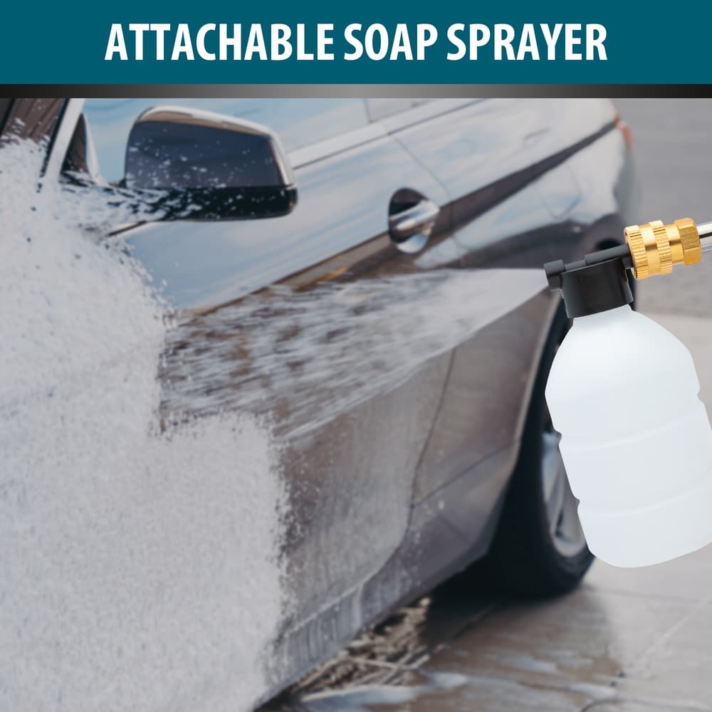 Full image showing the attachable soap sprayer that comes with the Cordless Pressure Washer. image number 1