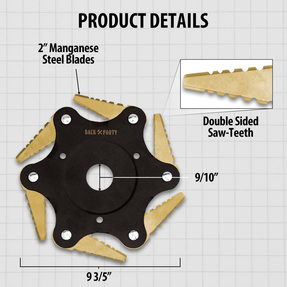 A diagram outlining the measurements and details of the Back Forty Six Leaves Metal Trimmer Blade is shown, showcasing the 2” manganese blades. image number 1