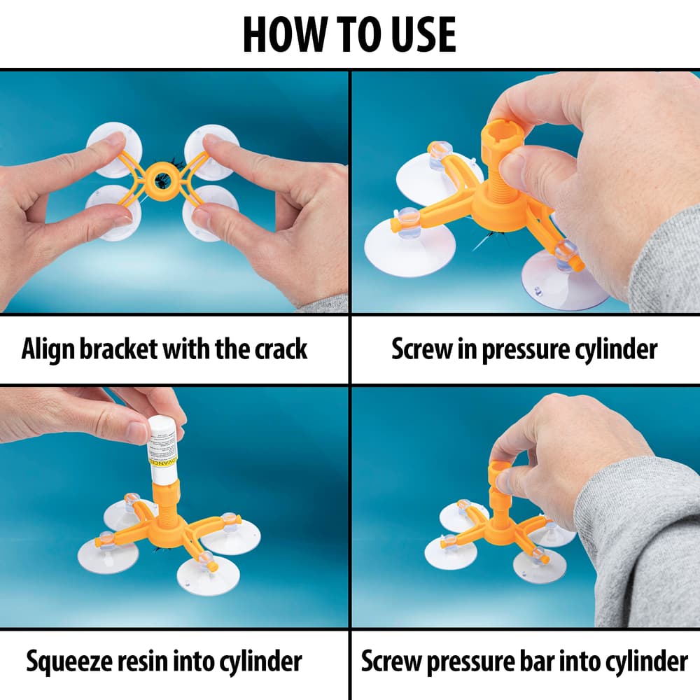 Multiple images showing how to use the Windshield Repair Kit. image number 1