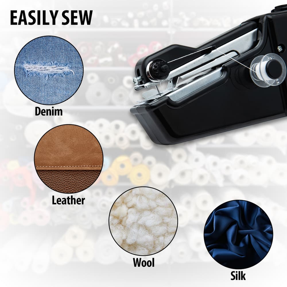 Full image of the Portable Sewing Machine and the different materials it can sew together. image number 1