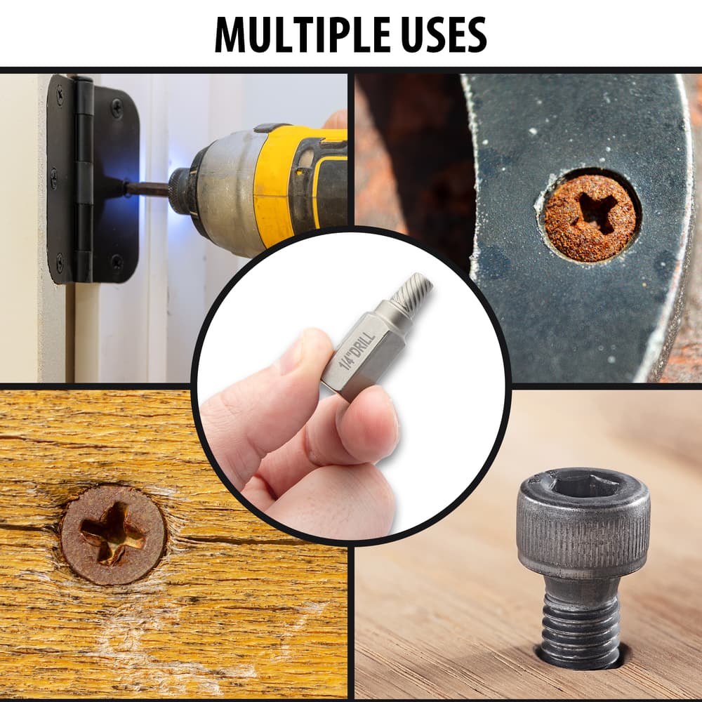 Full image showing the multiple uses of the 10 Piece Screw & Bolt Extractor Set. image number 1