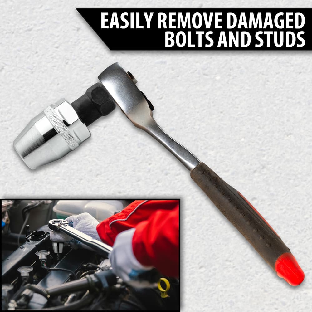 Full image of the Bolt & Stud Extractor connected to a ratchet. image number 1