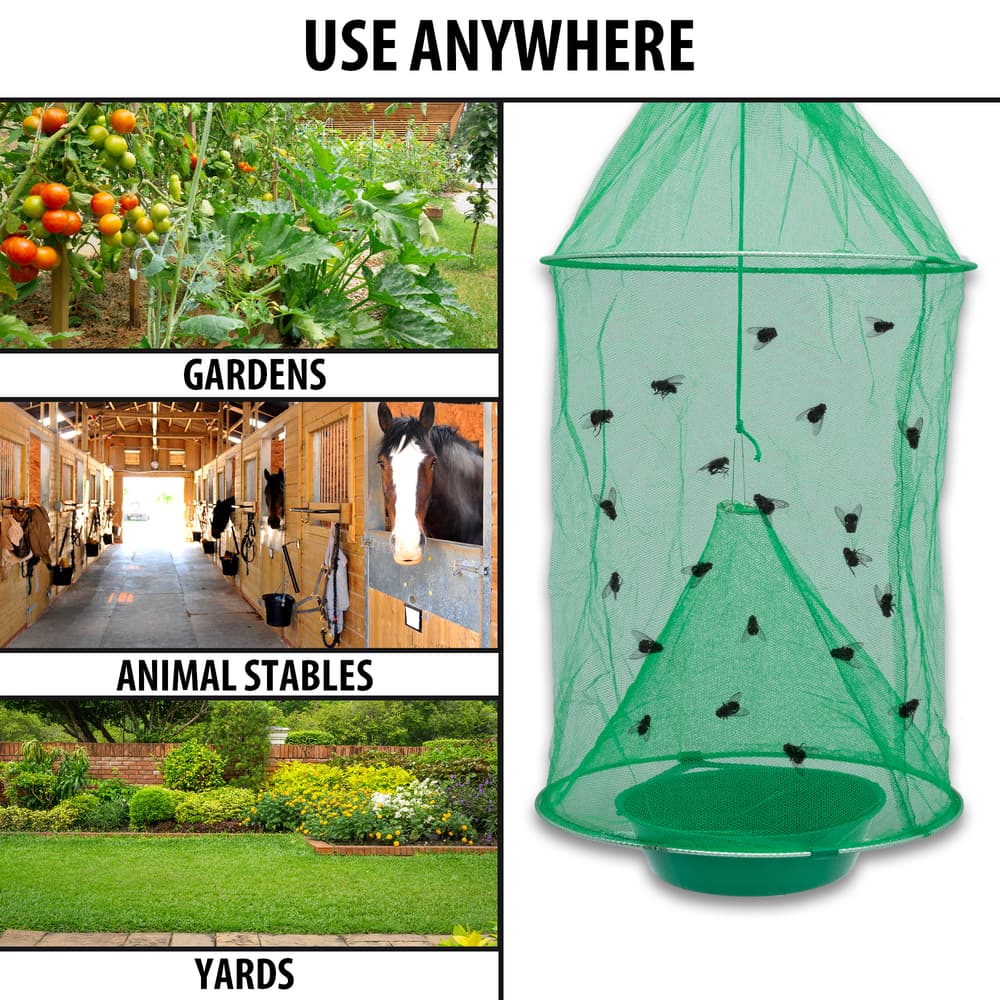 “Use Anywhere” text shown above a photo of the Fly Dungeon next to environments where it can be used, like gardens, animal stables, and yards. image number 1