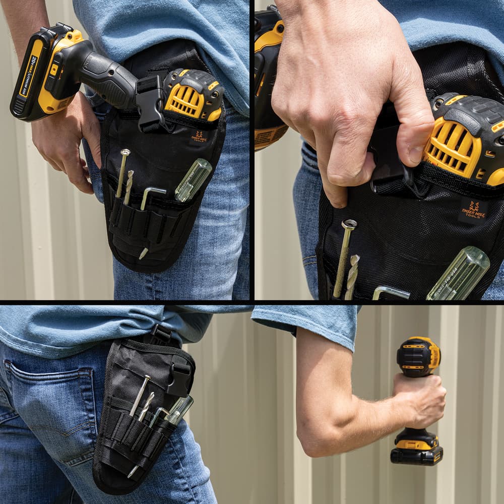 Multiple Images of the Power Tool Holster clipped on to a person with a tool inside and outside of the holster. image number 1