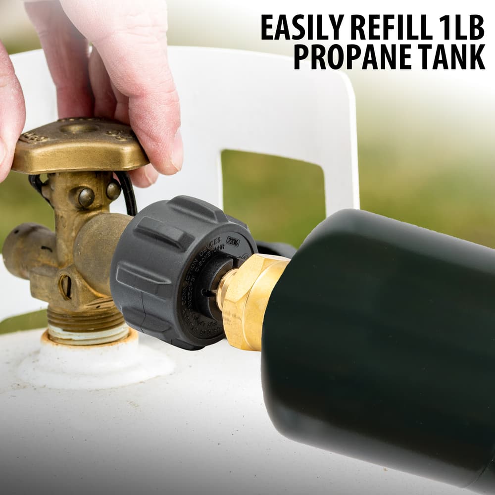 Full image showing the Propane Refill Adapter connected to a 1LB propane tank. image number 1