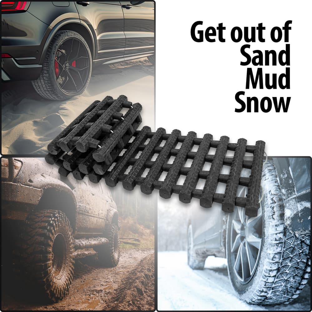 Text stating “Get out of Sand, Mud, Snow” is shown above a photo of the partially unrolled BugOut Roll-Up Traction Tracks with photos of tires in the background. image number 1