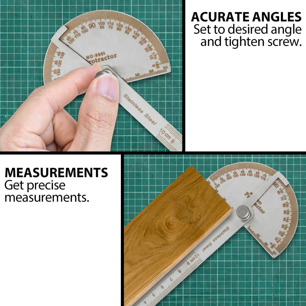 Full image showing the acurate angles and measurments of the Stainless Steel Protractor. image number 1