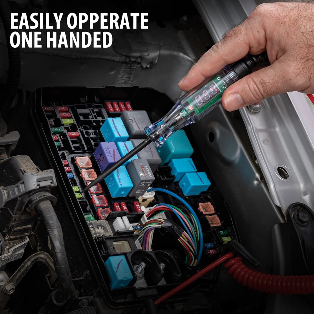 Full image showing one handed operation of the Digital LED Automotive Circuit Tester. image number 1