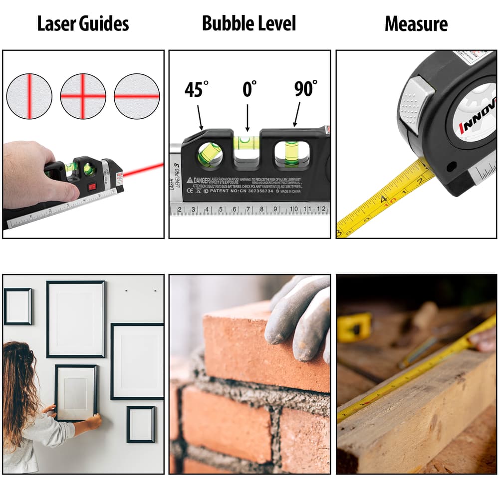 Full image showing the functions of the Measuring Tape Laser Level Tool. image number 1