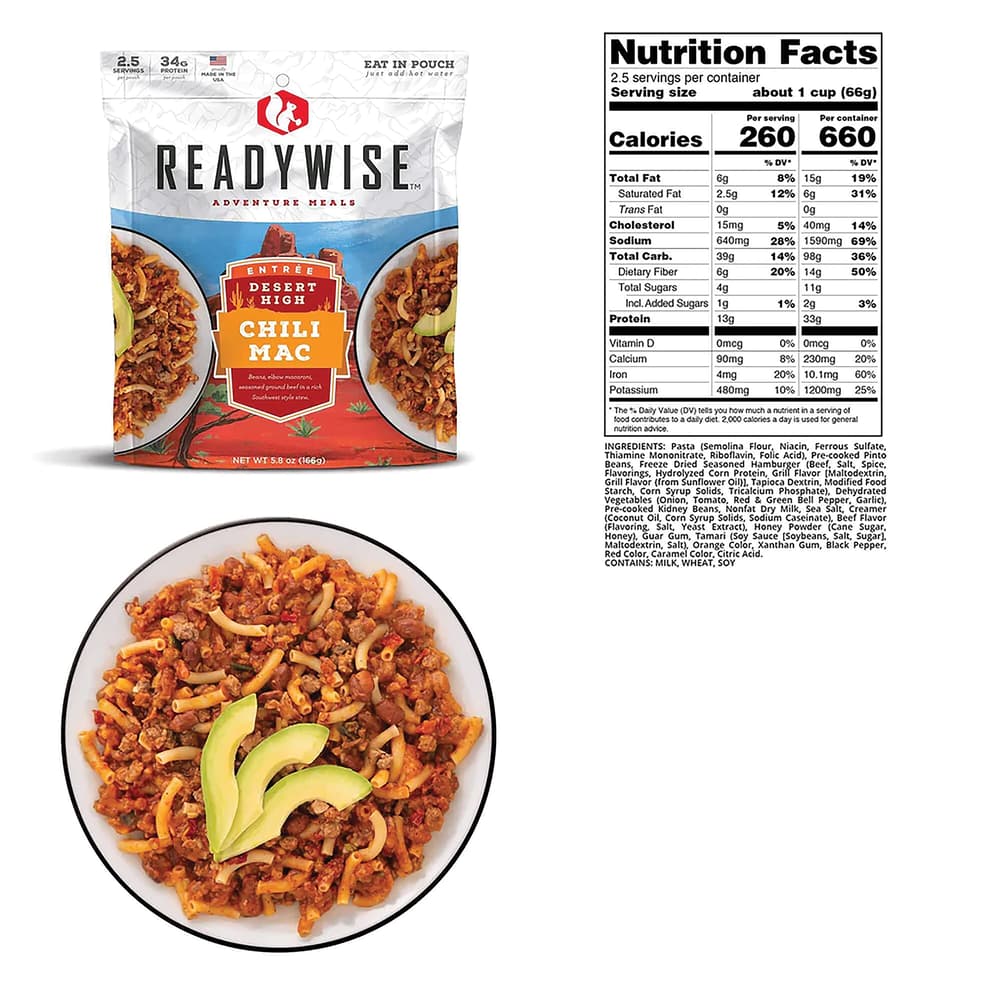 View of the chili mac in a bowl, the packaging and the nutrition information image number 1
