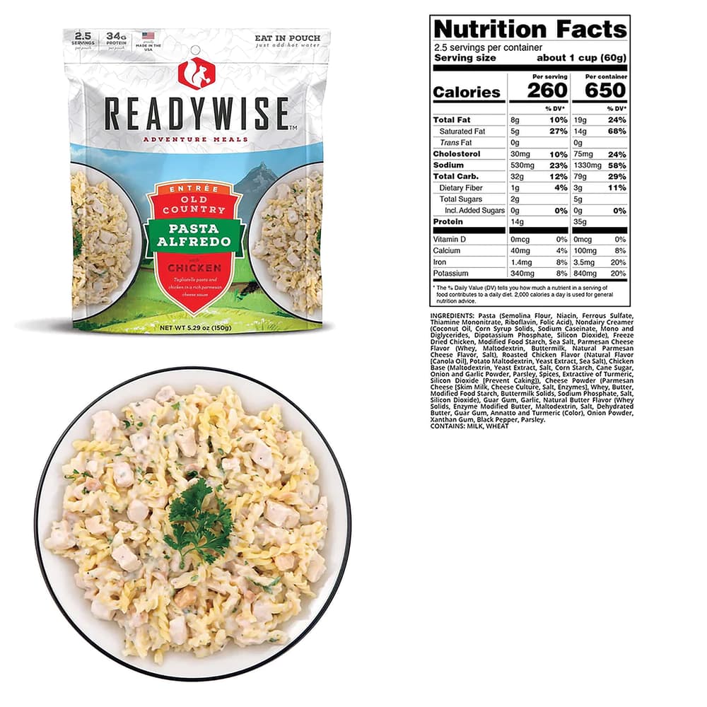 A view of the pasta alfredon in a bowl, in pouch and nutritional information image number 1