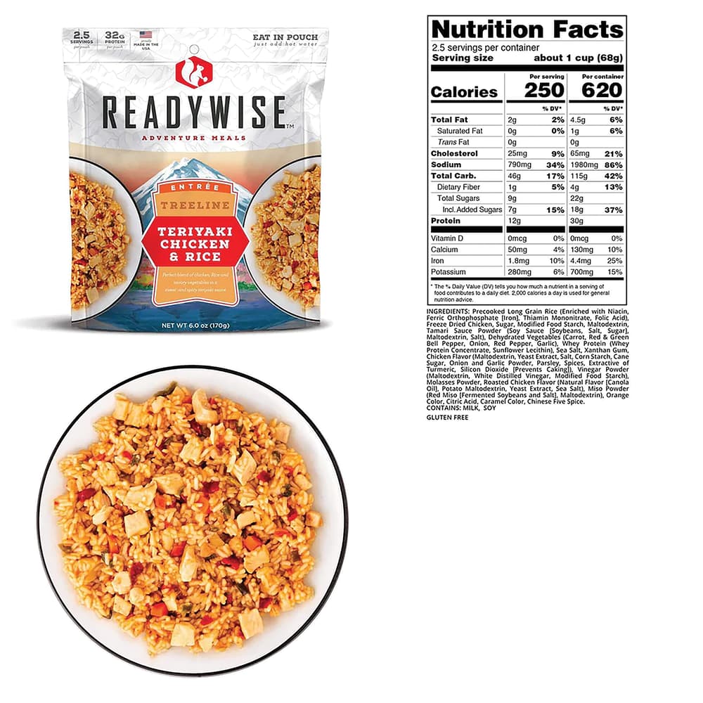 A view of the teriyaki chicken and rice served in a bowl, in its package and the nutrition information image number 1