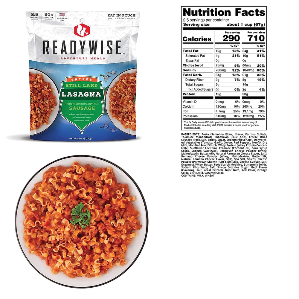 The lasagna shown served in bowl, in pouch and its nutritional values image number 1