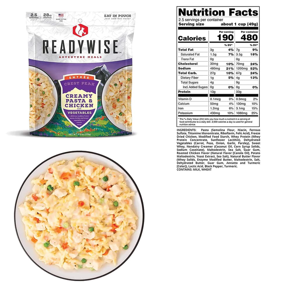 The pasta and chicken shown in a bowl, in a pouch and the nutritional information image number 1