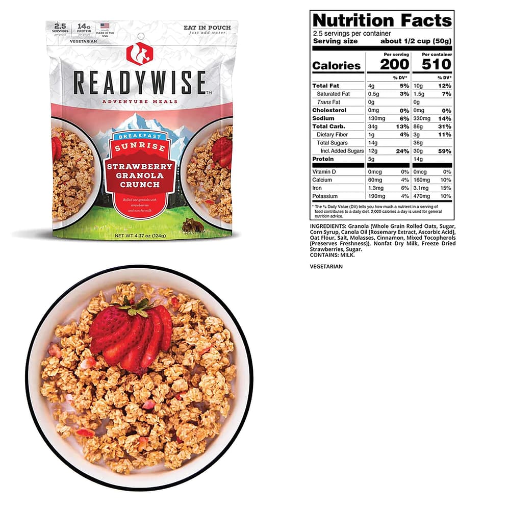 The granola shown served in a bowl, in a pouch and the nutrition information image number 1
