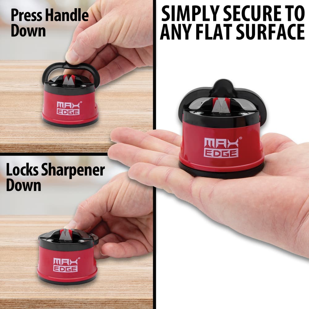 Full image showing how to secure the Red Knife Sharpener to a flat surface. image number 1