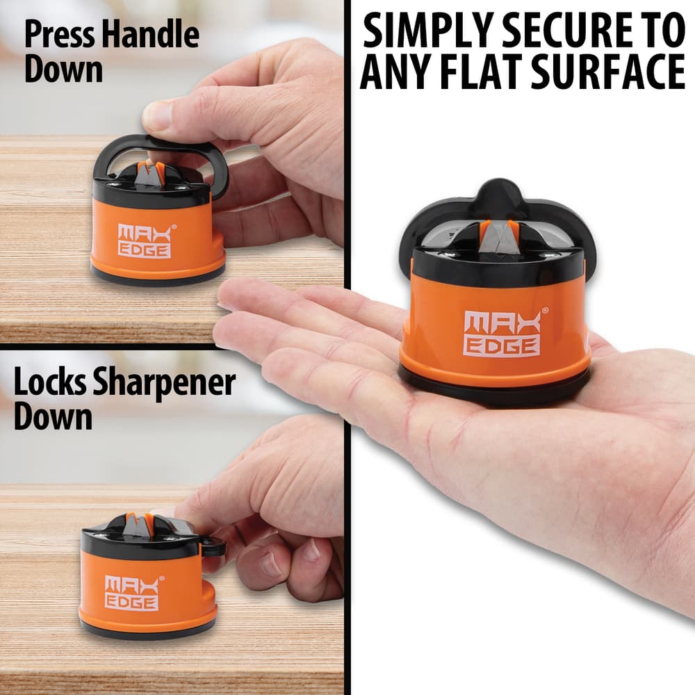 Full image showing how to secure the Orange Knife Sharpener to any flat surface. image number 1