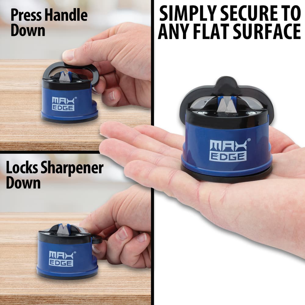 Full image showing how to secure the Blue Knife Sharpener to a flat surface. image number 1
