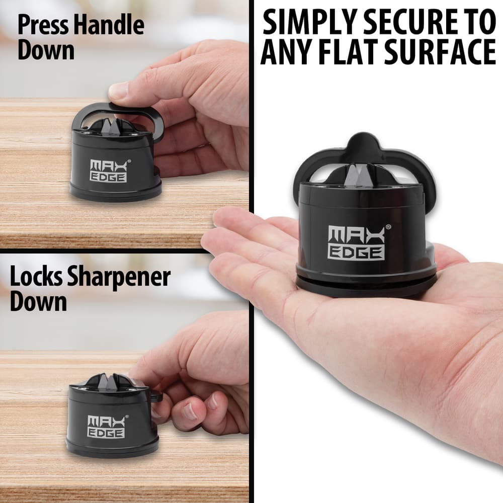 Full image showing how to secure the Black Knife Sharpener on a flat surface. image number 1