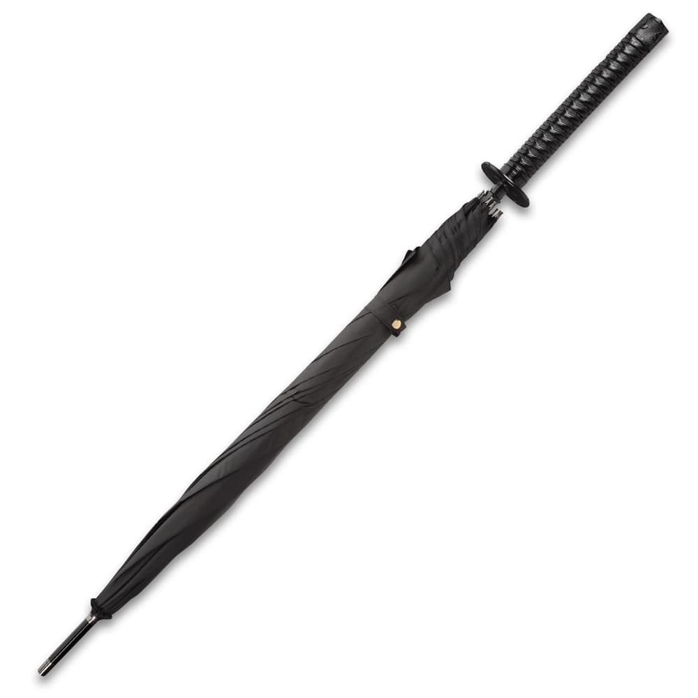 Black Umbrella Sword - Fully Functional With Hidden Stainless Steel Blade - Sword Cane With Rain, Sun Protection - Katana / Ninja Hilt - Windproof, Waterproof Nylon Canopy image number 1