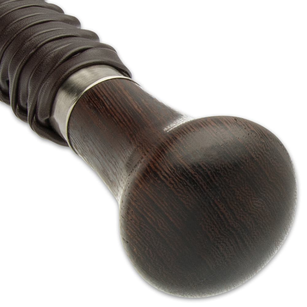 The handle has a brown wooden knob and is wrapped, Samurai sword-style, in faux rayskin and genuine brown leather image number 1