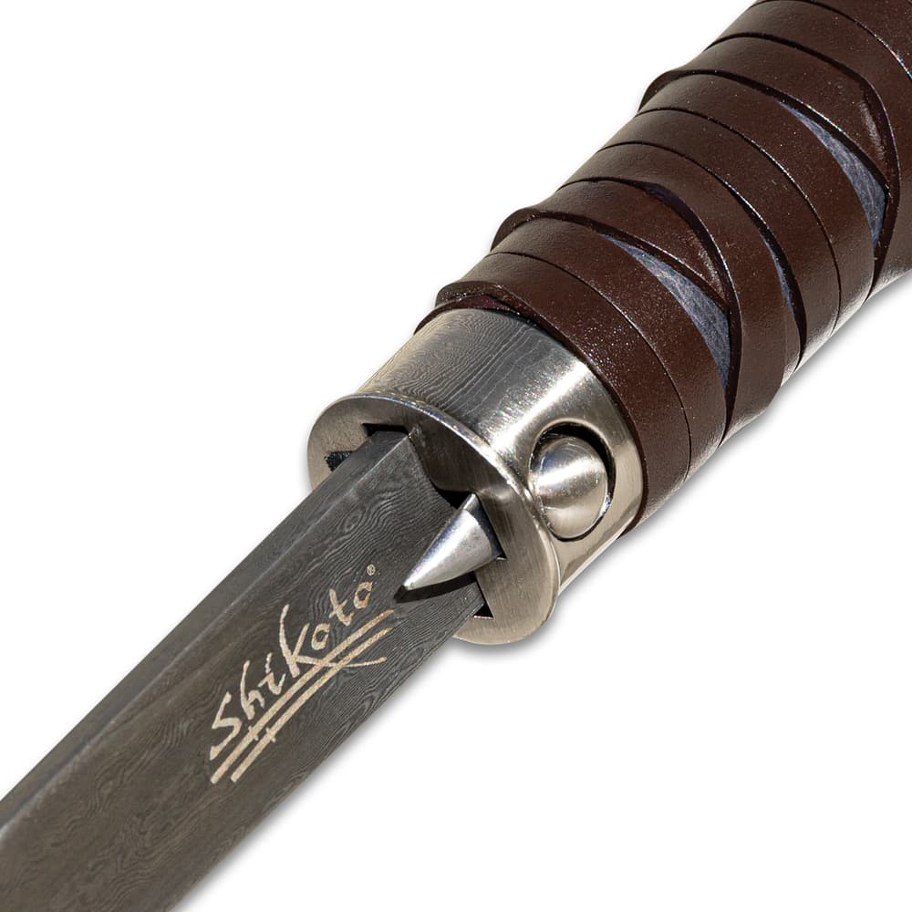 Close up image of the button that pushes the blade out on the Damascus Gentleman's Hook Sword Cane. image number 1