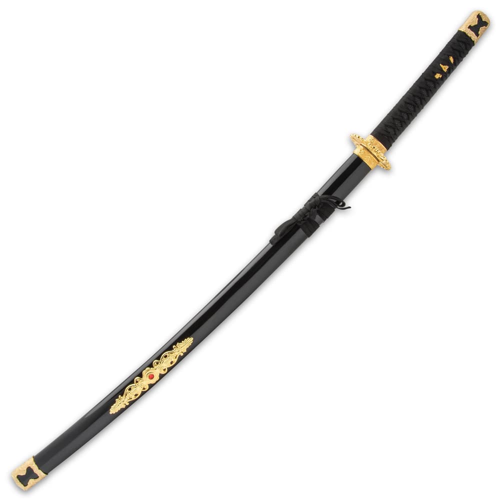 The 39” overall sword slides into a glossy black wooden scabbard with a shiny gold accent featuring a faux red jewel image number 1