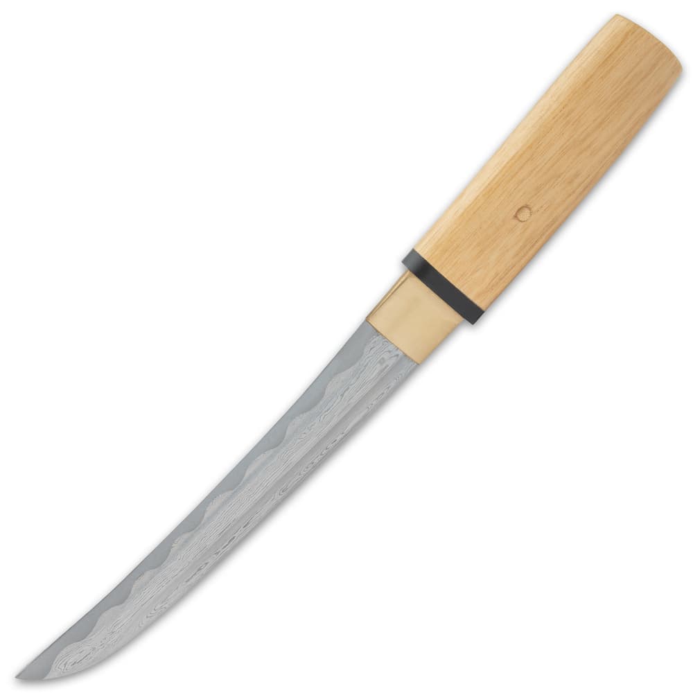 It has a hair-splitting sharp, 9 1/4” Damascus steel tanto blade, which extends from a brass habaki image number 1