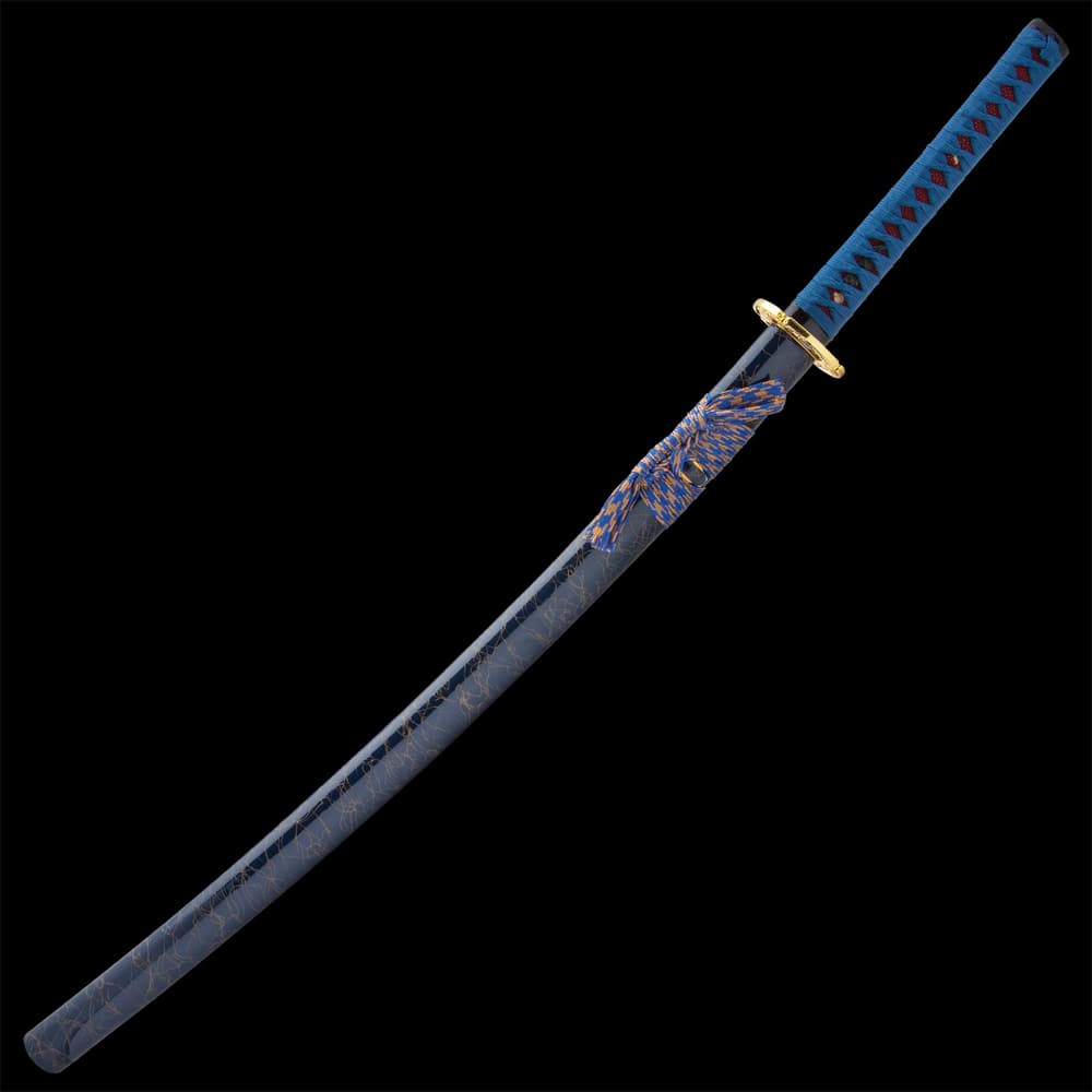 A 28 inch blue damascus steel blade with matching cord enclosed in a blue lacquered sheath with gold accents image number 1