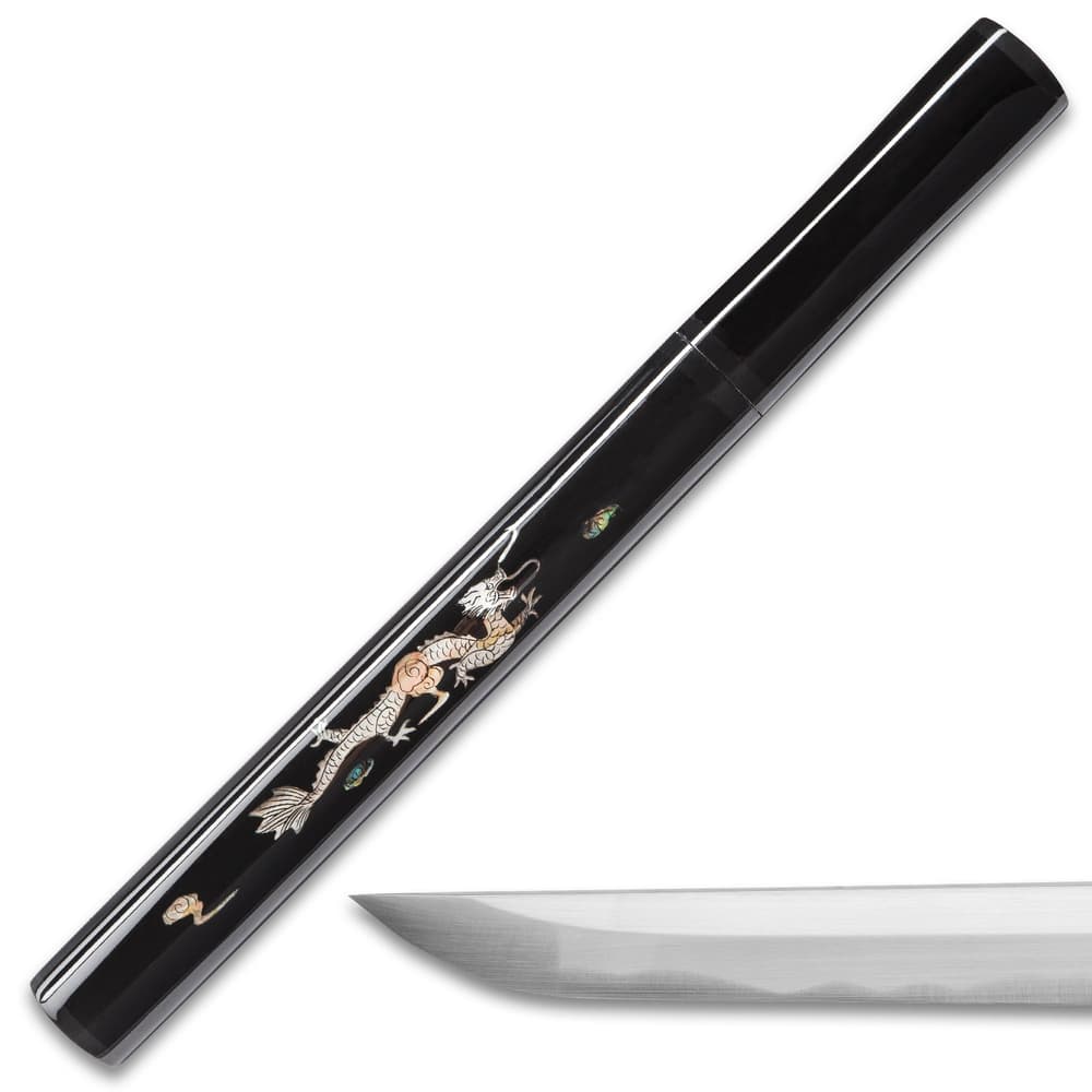 Shinwa Black Komodo Handmade Tanto / Samurai Short Sword - Hand Forged 1045 Carbon Steel - Mother of Pearl Dragon Inlay; Black Hand Lacquered Hardwood; Shirasaya Mounting - Ninja Stealth - Full Tang image number 1