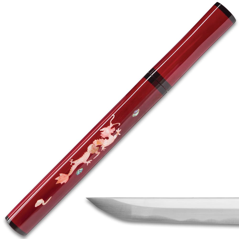 Shinwa Scarlet Komodo Handmade Tanto / Samurai Short Sword - Hand Forged 1045 Carbon Steel - Mother of Pearl Dragon Inlay; Red Hand Lacquered Hardwood; Shirasaya Mounting - Ninja Stealth - Full Tang image number 1