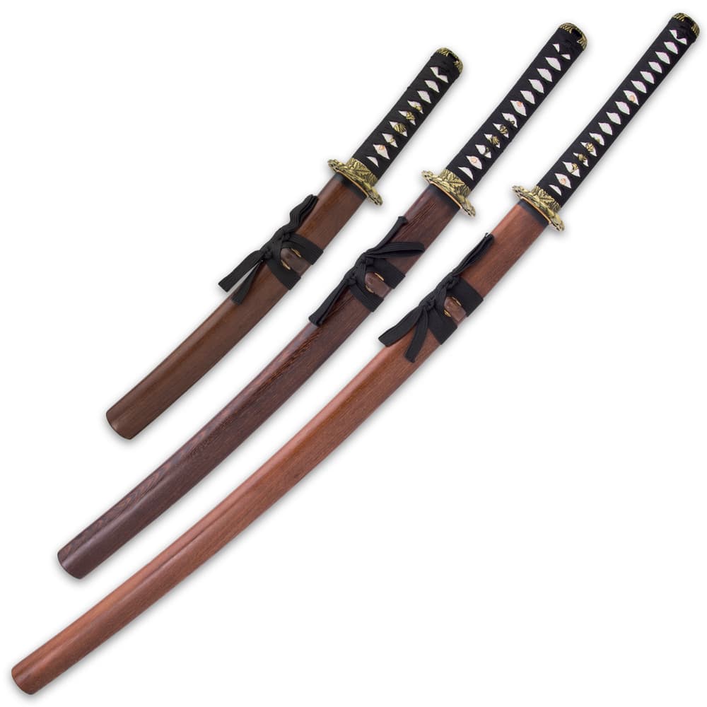 Each of the swords comes in its own brown, wooden scabbard, accented with black cord-wrap image number 1