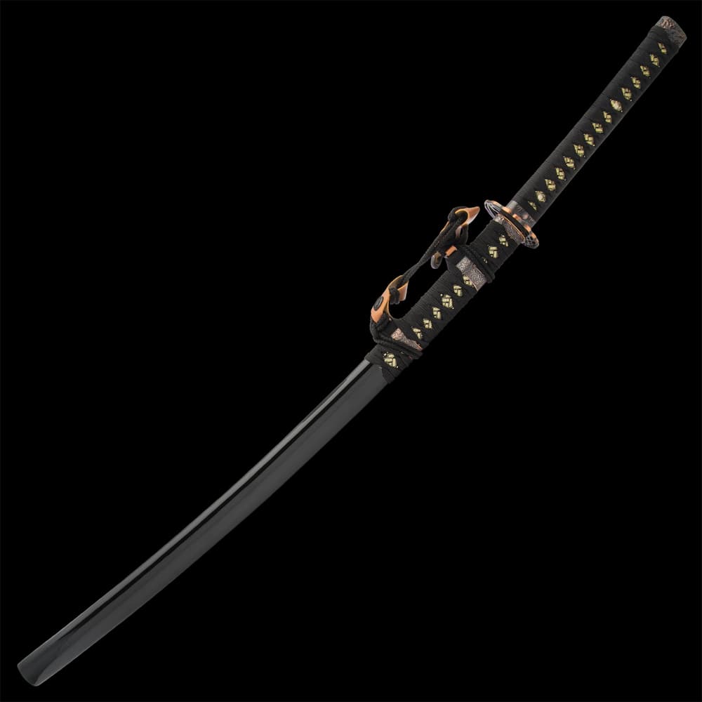 The 39 1/2” overall katana slides into a hand-lacquered, black scabbard, which features cavalry hanging hardware and cord-wrapping image number 1
