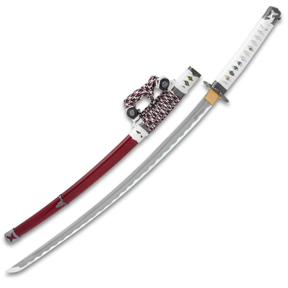 The 38” overall tachi fits securely into a maroon lacquered sheath with metal accents and an intricately wrapped sword hanger image number 1
