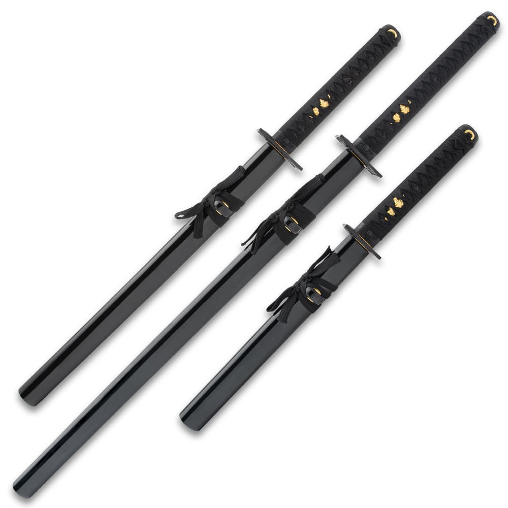 Shinwa 3 japanese swords encased in separate scabbards with handles wrapped in faux ray skin and black nylon cord image number 1