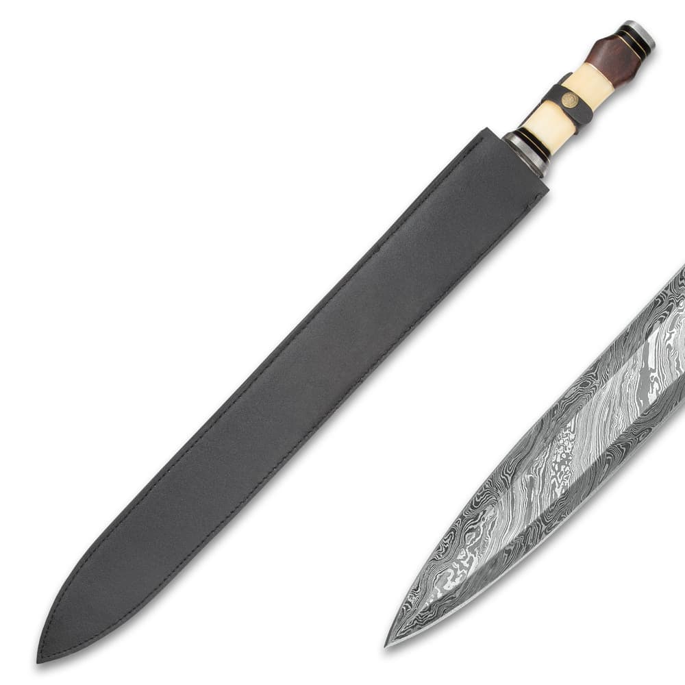Timber Wolf Saga Handmade Double Edged Sword - Hand Forged Damascus Steel - Walnut, Camel Bone - Gladius Style Profile - Genuine Leather Belt Scabbard - 30" image number 1