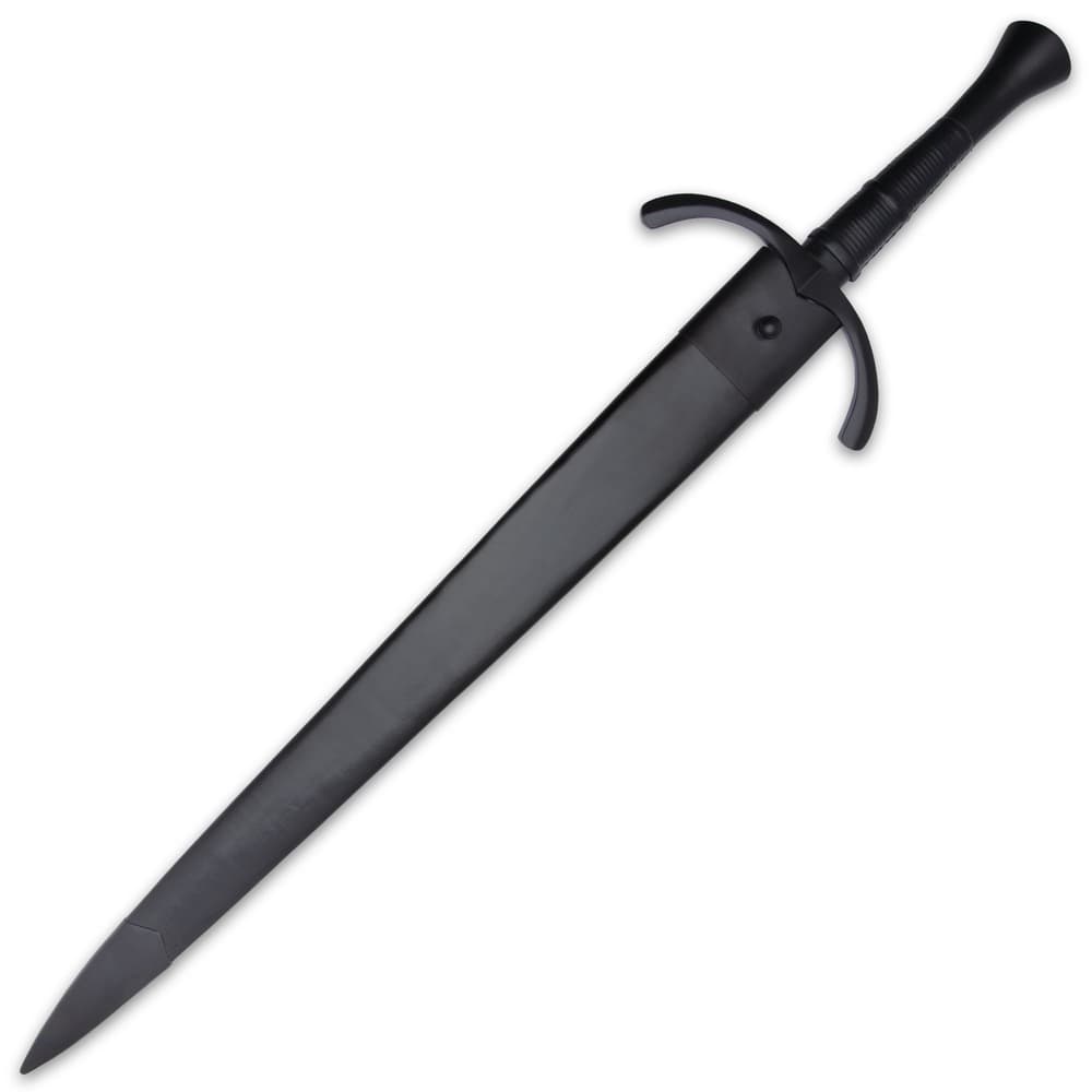 The 40” overall single-hand sword slides smoothly into a premium black leather scabbard with metal accents image number 1