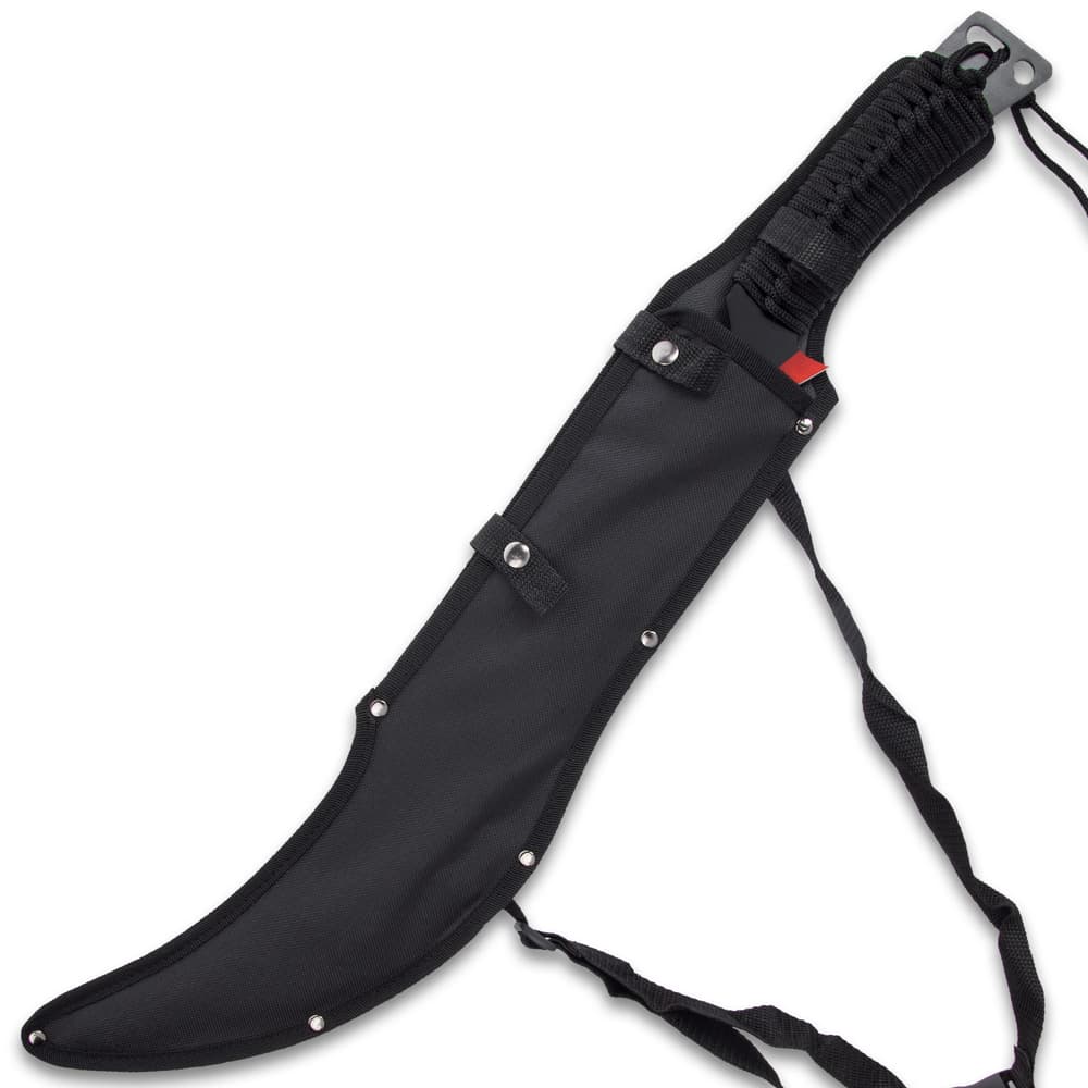 The 23 3/4” overall fantasy machete can be stored and carried in its sturdy nylon sheath with an adjustable shoulder strap image number 1