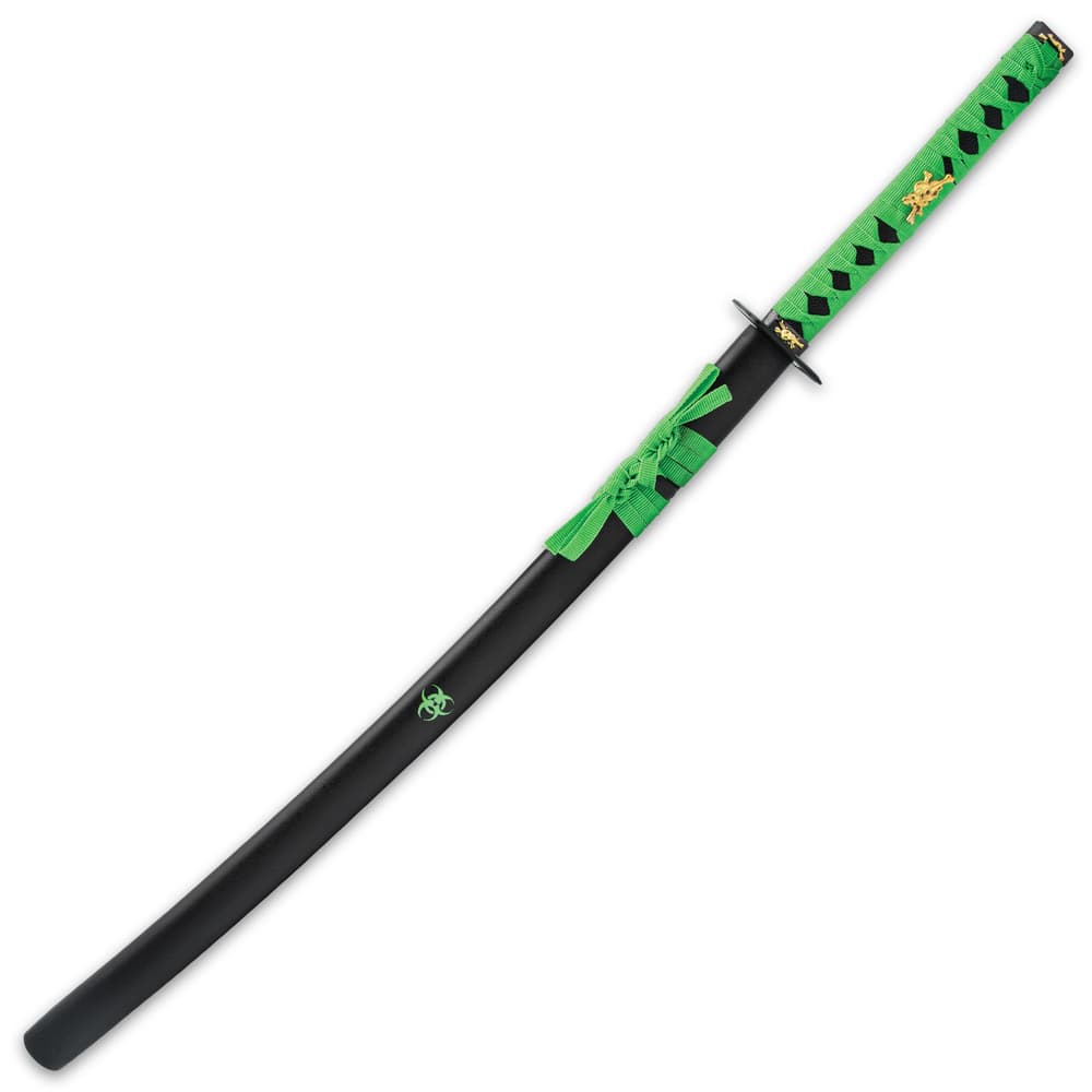 The 40 1/2” overall katana slides smoothly into a wooden scabbard with a black, textured finish and a green biohazard logo image number 1