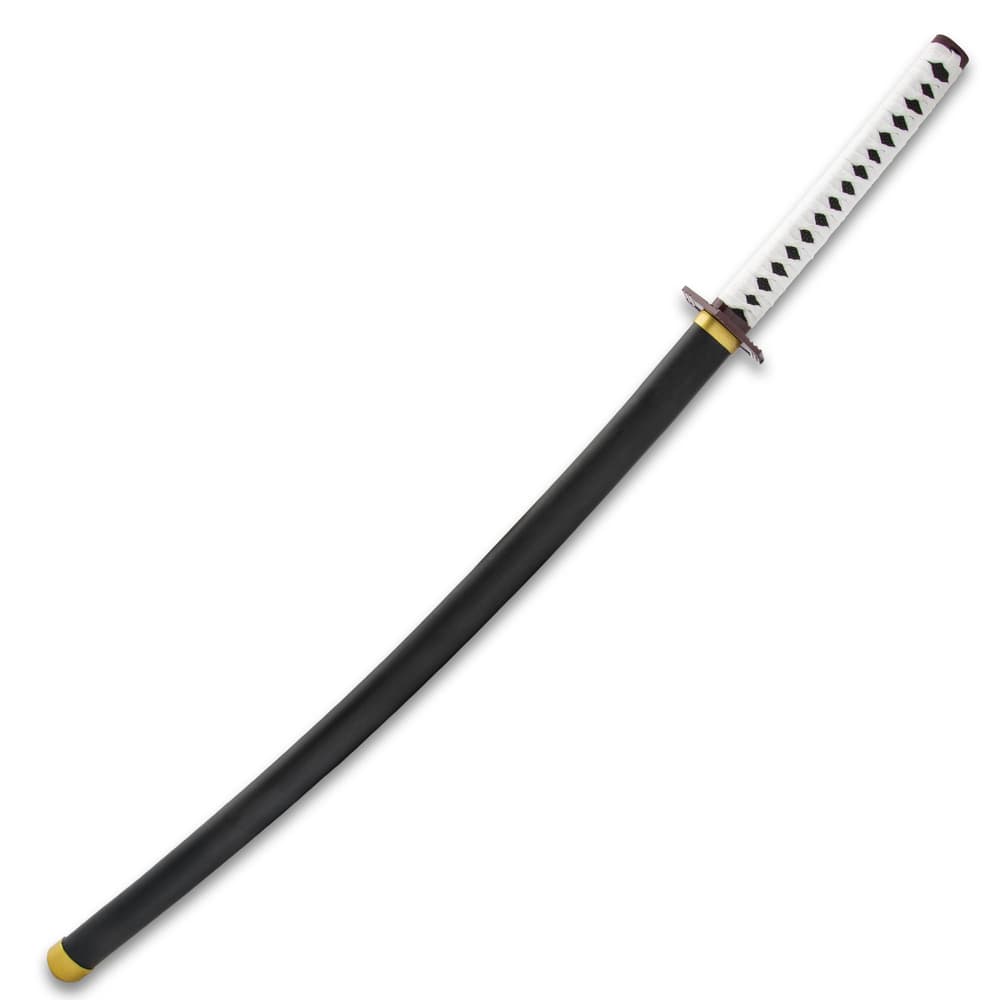 The 40 1/2” overall fantasy sword slides smoothly into a black wooden scabbard with metal accents image number 1