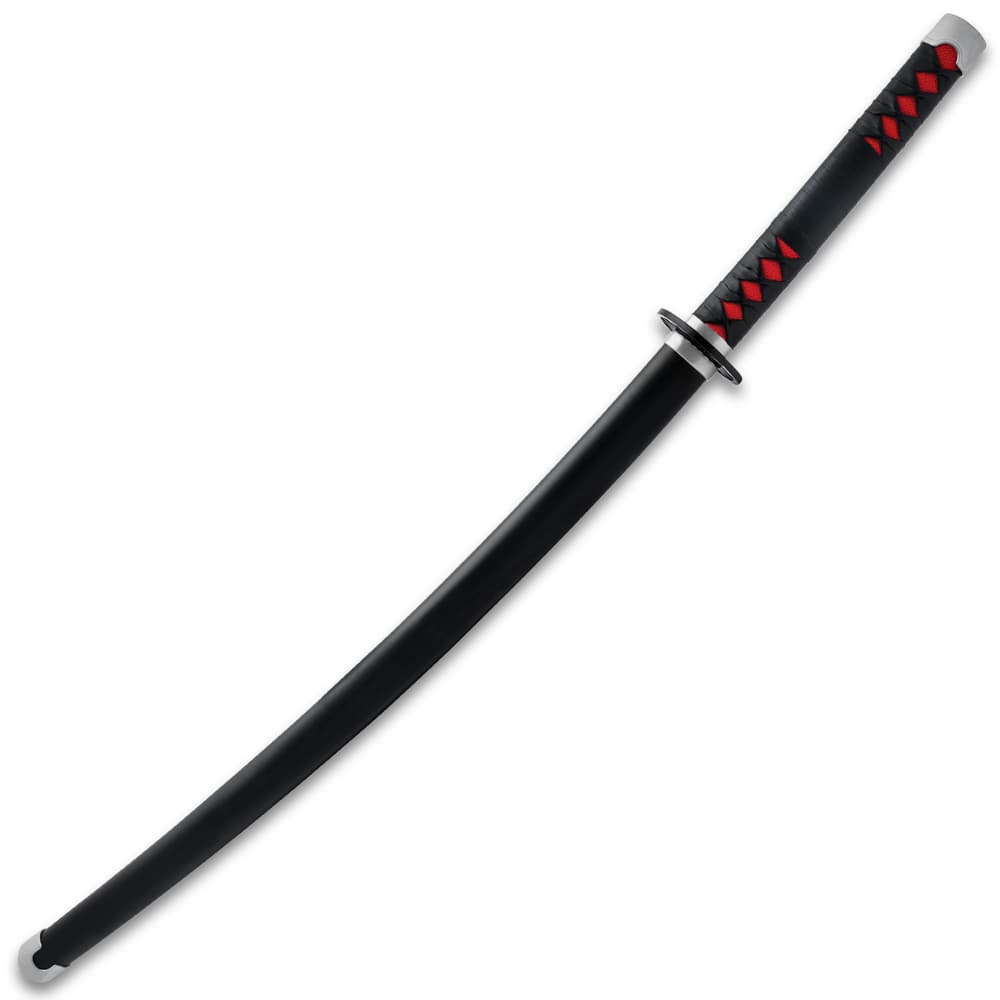The Demon Slayer Sword shown inside its matte black scabbard with black faux leather wrapping on the red faux ray skin handle. image number 1