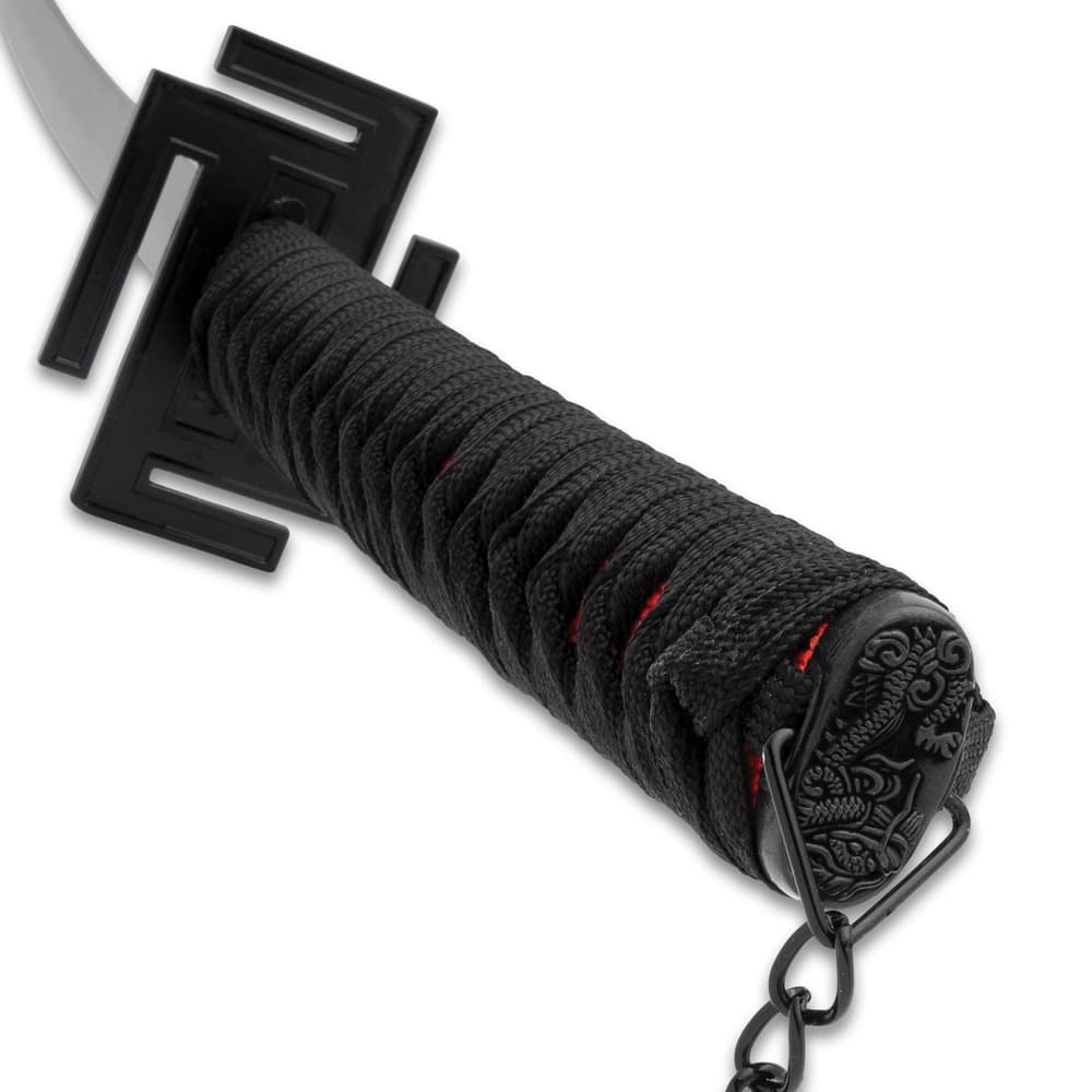 The wooden handle is wrapped in red, faux rayskin and black cord, accented with a black metal chain on the pommel image number 1