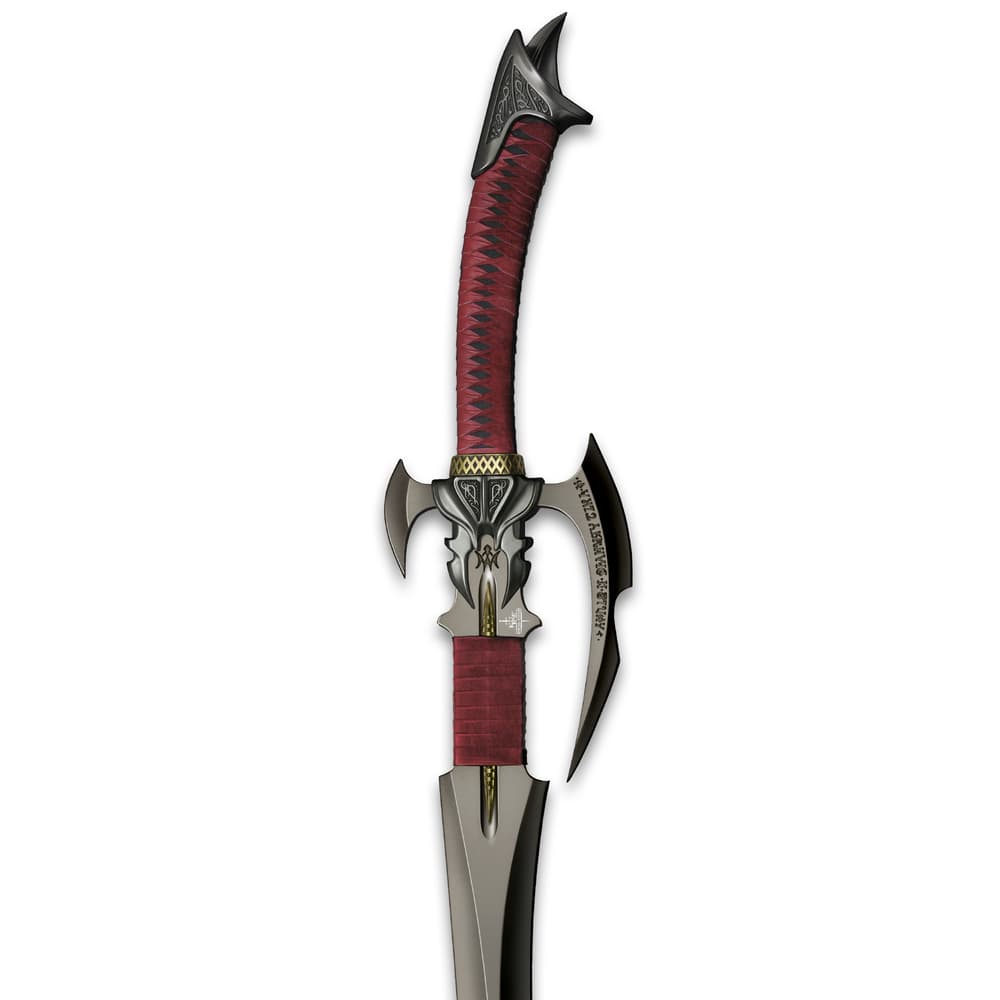 The fantasy sword has a handle grip wrapped in genuine maroon leather and the hilt and guard are sculpted metal image number 1