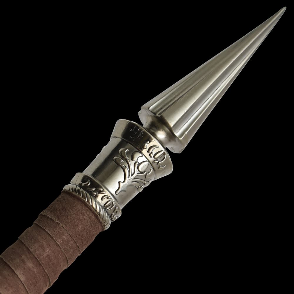 The spear has genuine, leather-wrapped grips and finely detailed, solid metal fittings image number 1
